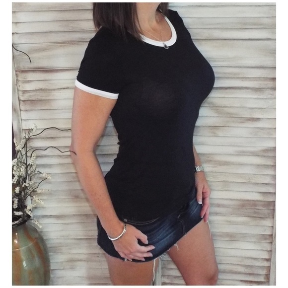 Contrast Trim Crew Neck  Top Black Ivory 2419 - Picture 5 of 6